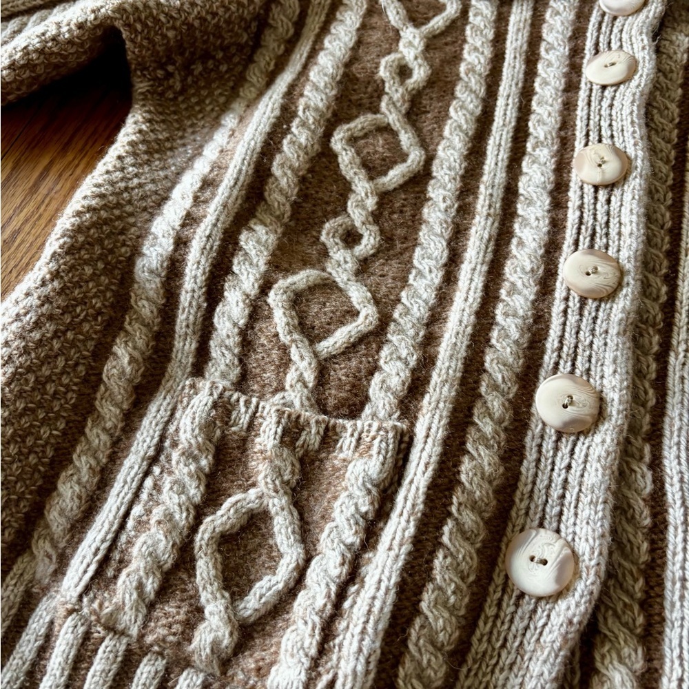 Aran Crafts Cable Knit Cardigan - Cream and Brown -  All Wool - Made in Ireland - Picture 2 of 9